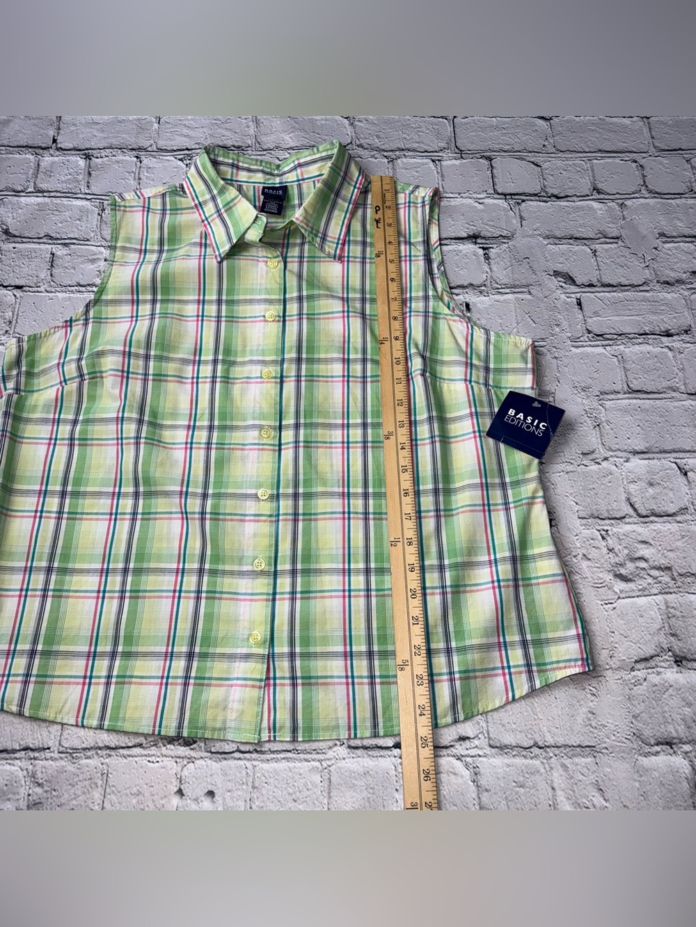 Basic Editions 00s Sleeveless Plaid Button-Front Top Light Green Plaid Size XL - Picture 5 of 9
